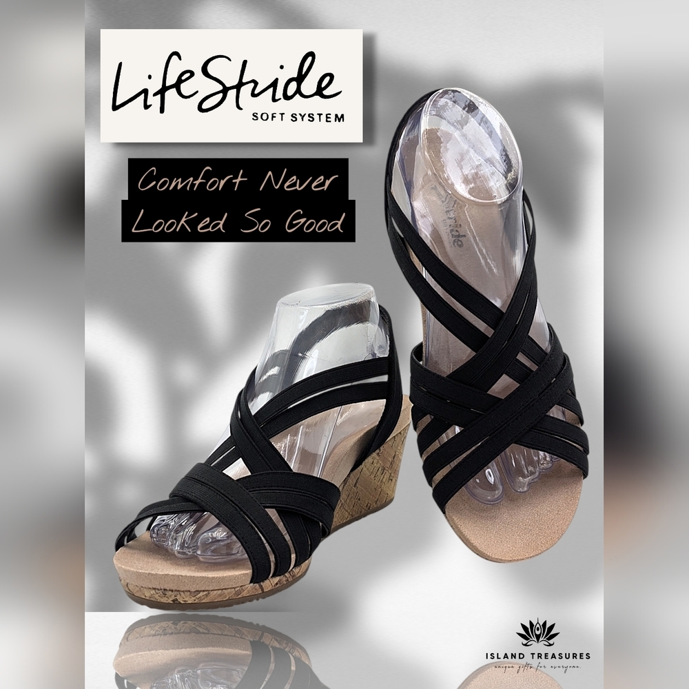 Life Stride Mallory Sz 9M Women's Black Elastic Straps Cork Texture Wedge Sandal